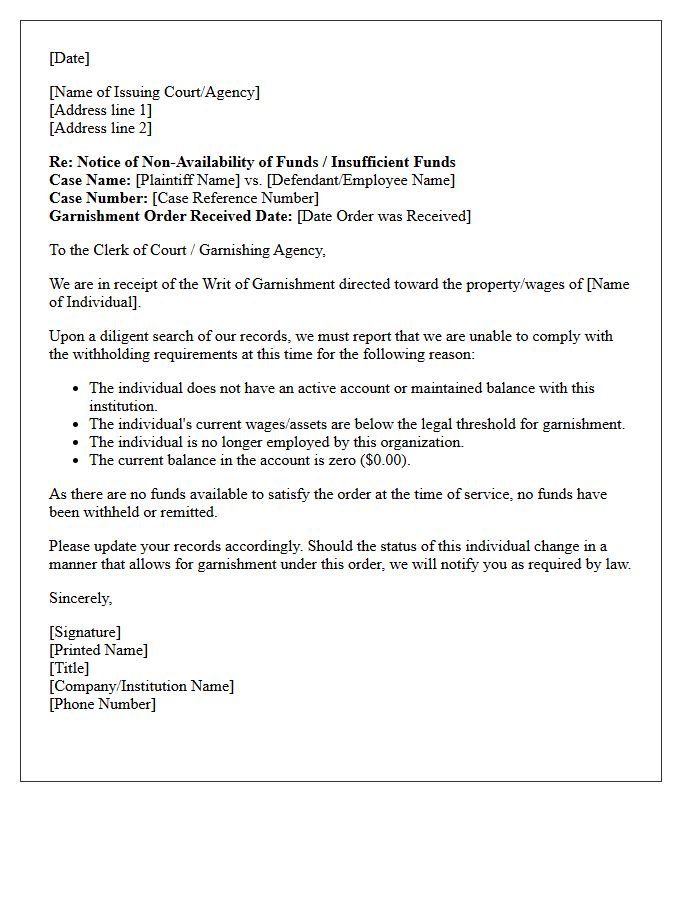 Letter of Insufficient Funds Upon Garnishment Order Receipt