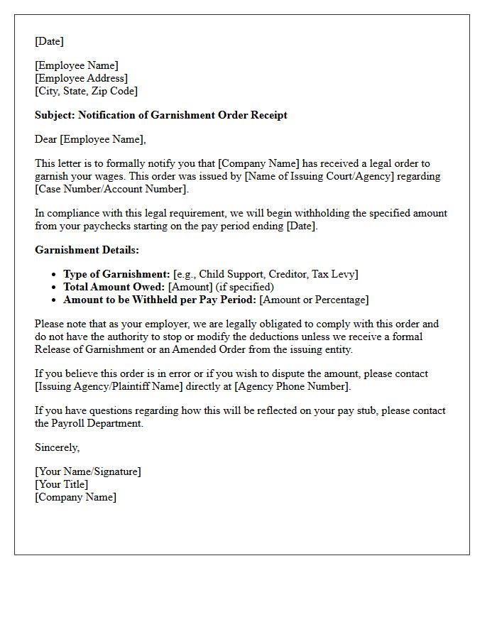 Notification of Garnishment Order Receipt Letter