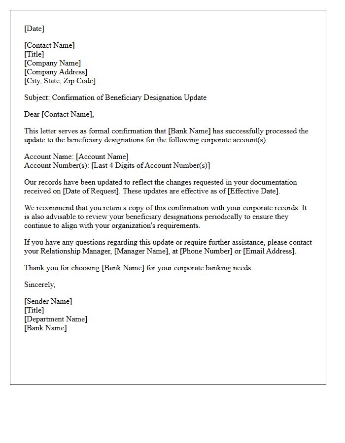 Corporate Banking Beneficiary Designation Update Completion Letter