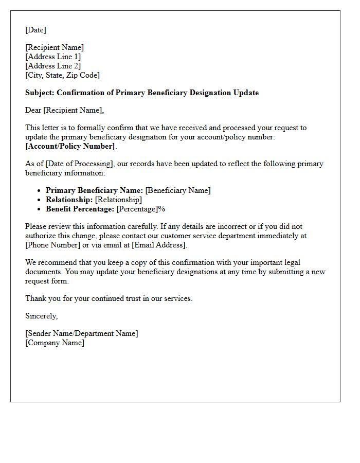 Letter of Notification for Primary Beneficiary Update Completion