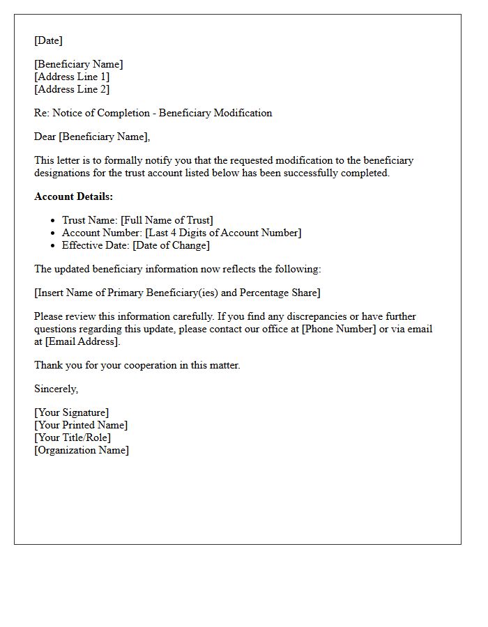 Trust Account Beneficiary Modification Completion Letter