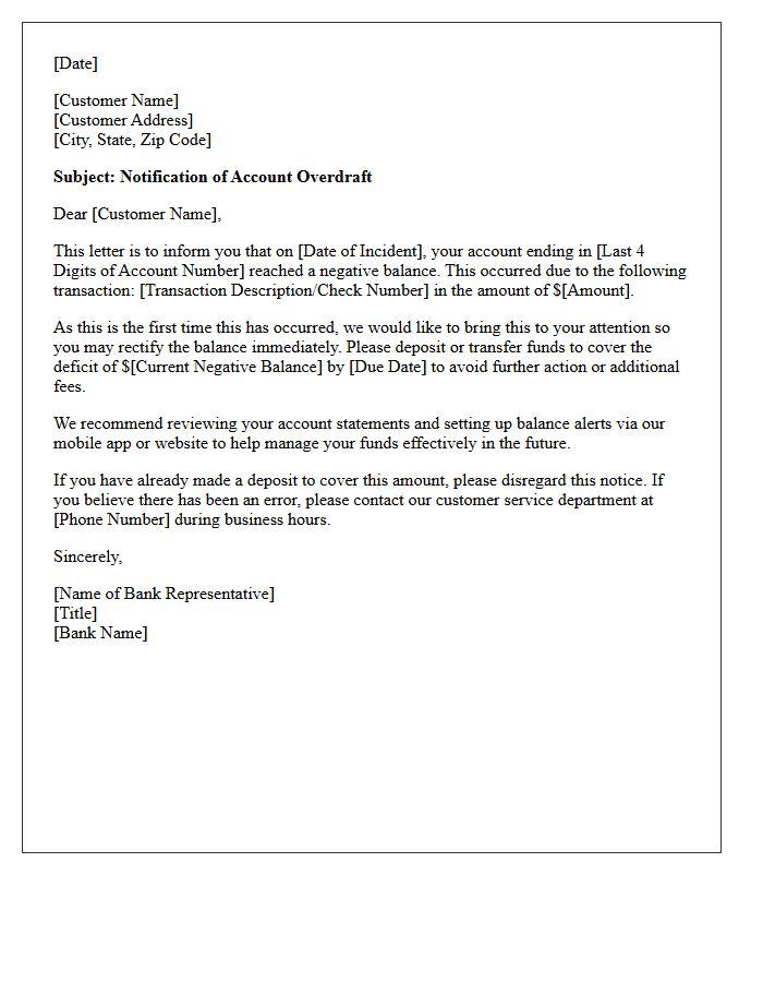 First Incident Overdraft Warning Letter
