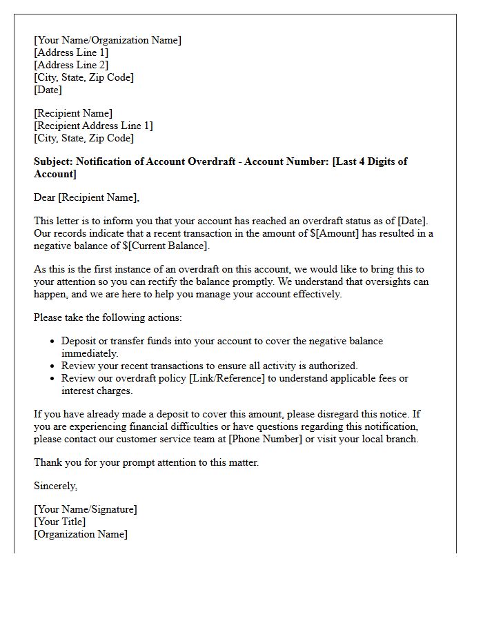 First Instance Overdraft Communication Letter
