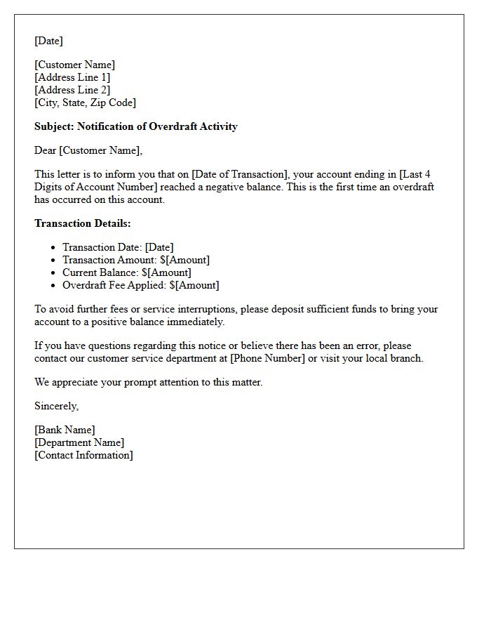 First Occurrence Overdraft Notification Letter