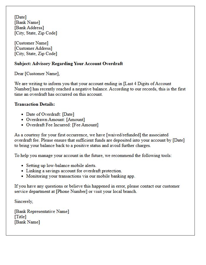 First Time Overdraft Advisory Letter