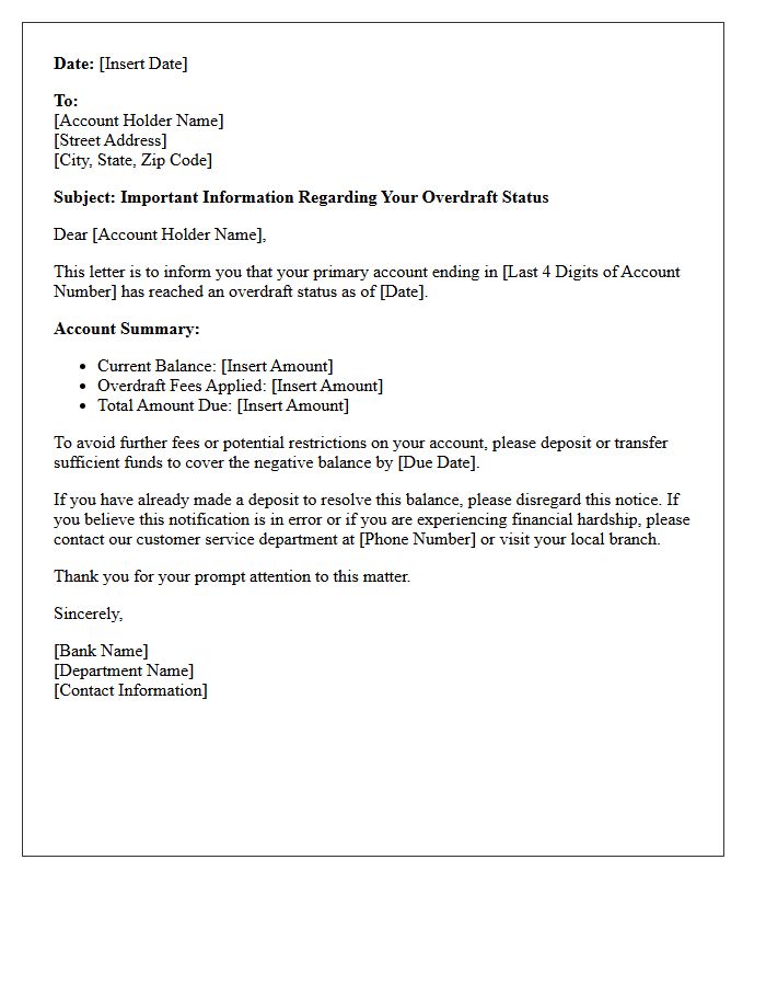 Primary Account Overdraft Information Letter