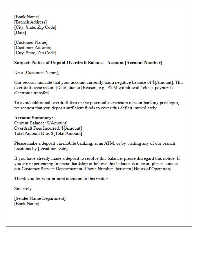 Bank Letter for Unpaid Customer Overdraft Balance