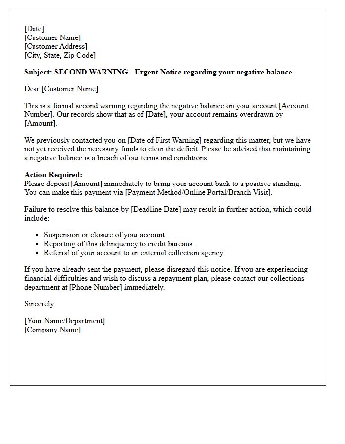 Letter of Second Warning for Negative Balance