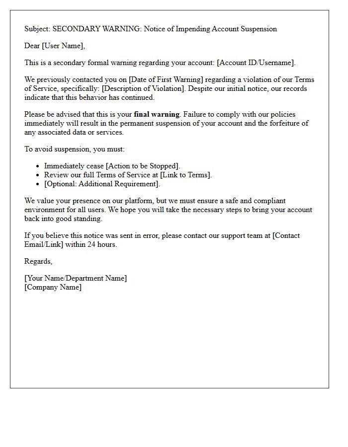 Letter of Secondary Warning Before Account Suspension