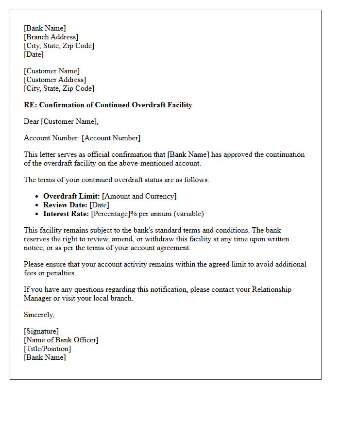 Official Bank Letter for Continued Overdraft Status