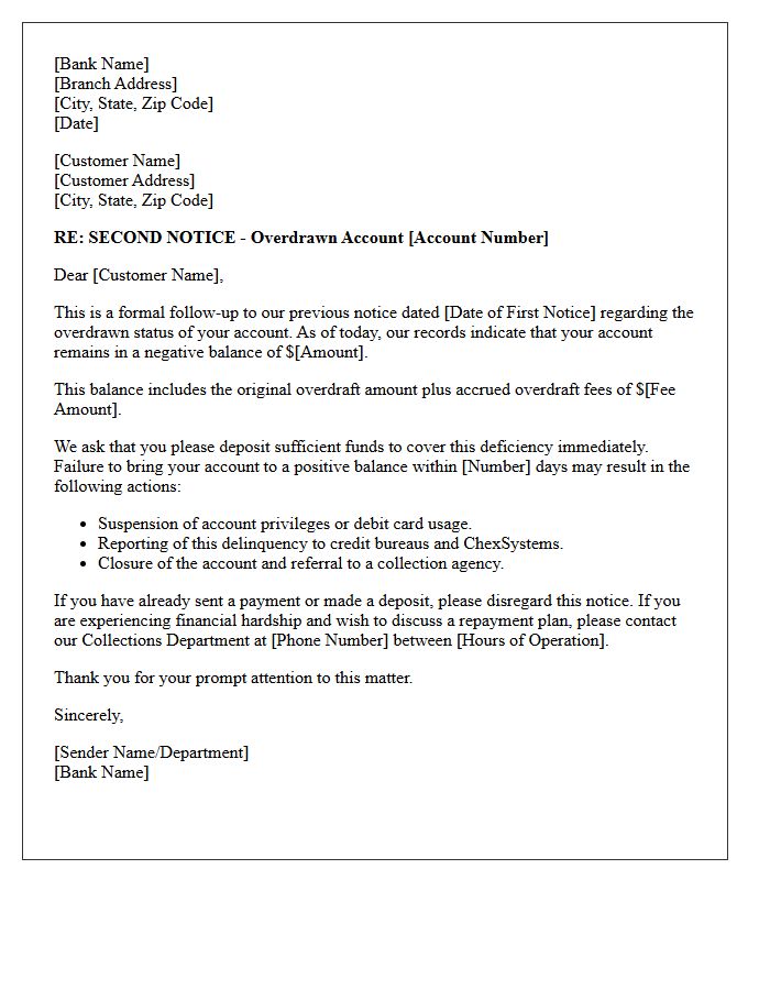 Second Notice Letter for Bank Account Overdraft