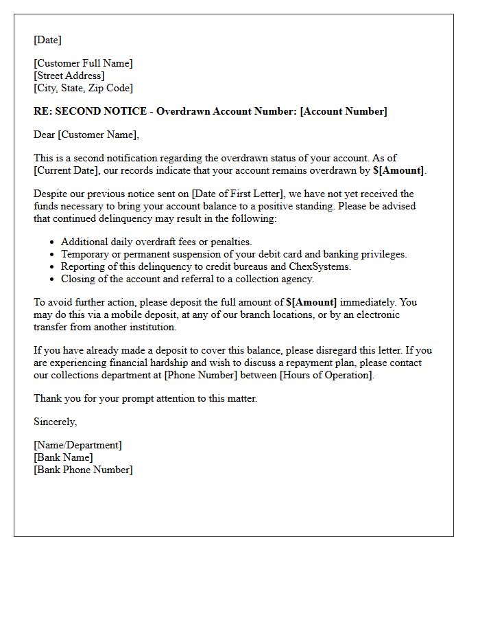 Second Notification Letter for Overdrawn Bank Funds