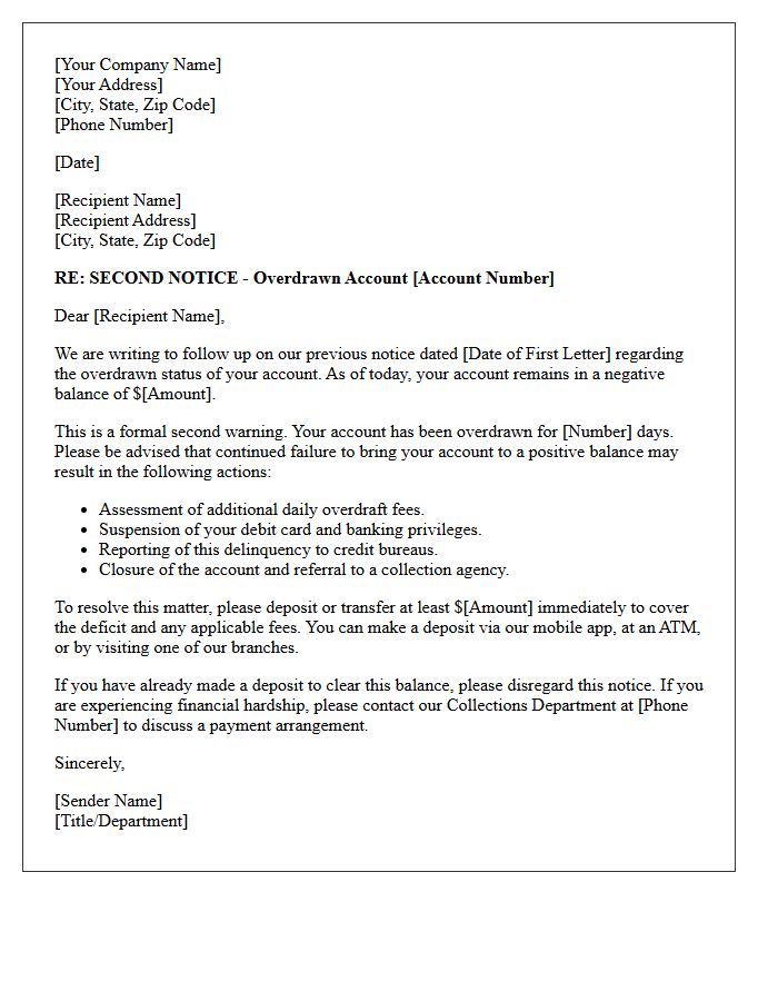 Second Overdraft Warning Notice Letter