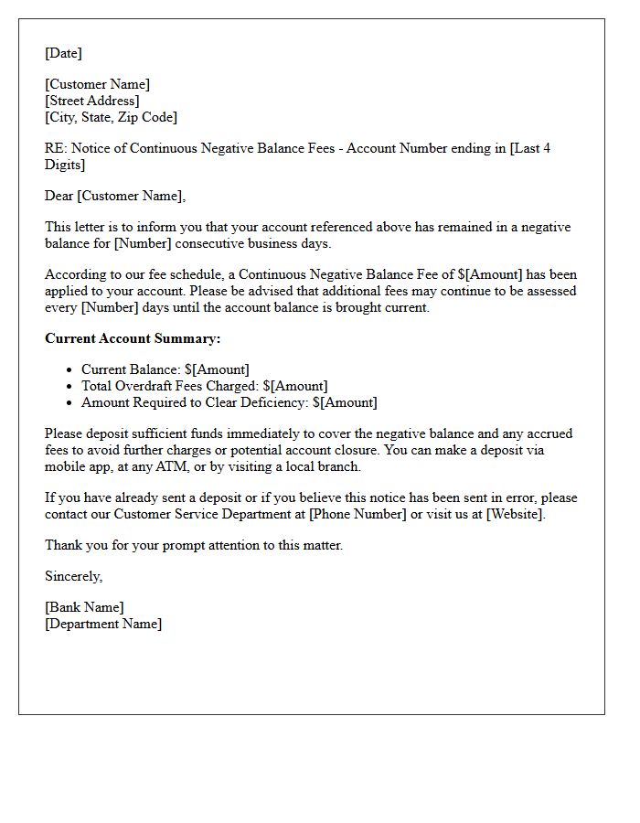 Continuous Negative Balance Overdraft Fee Letter