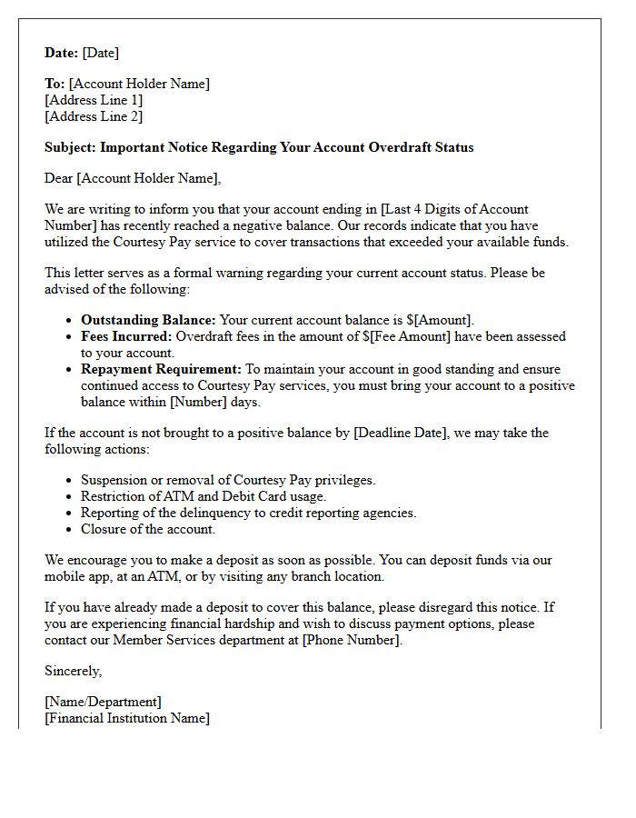Courtesy Pay Overdraft Assessment Warning Letter