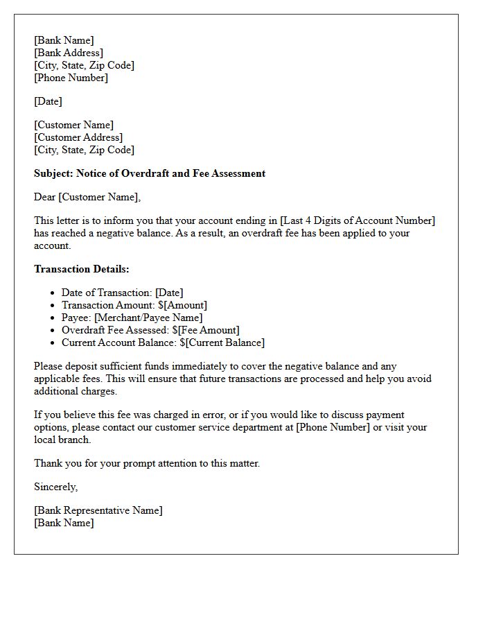 Standard Account Overdraft Fee Notification Letter