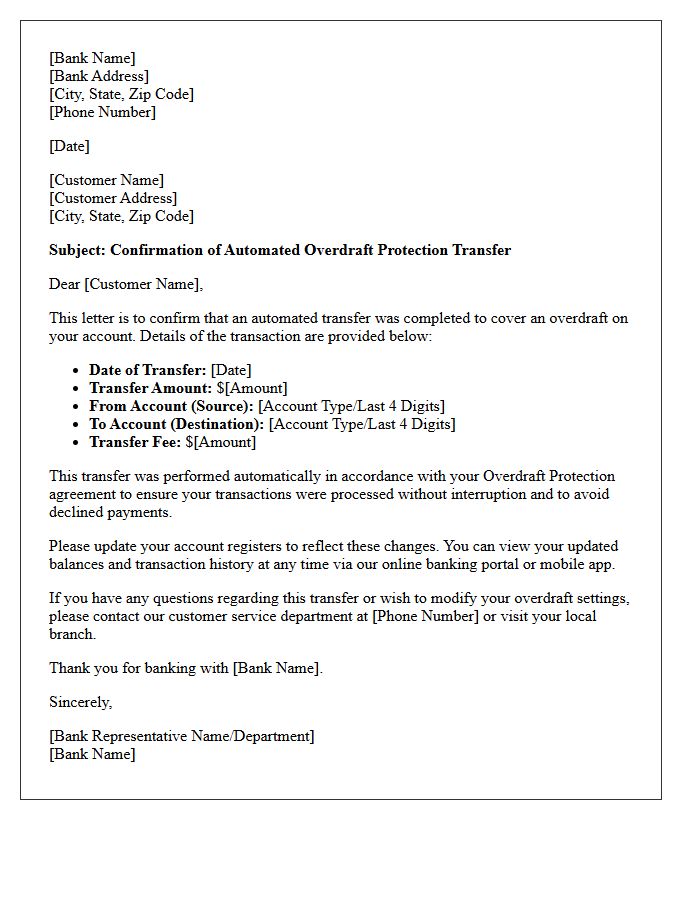 Automated Overdraft Protection Transfer Confirmation Letter