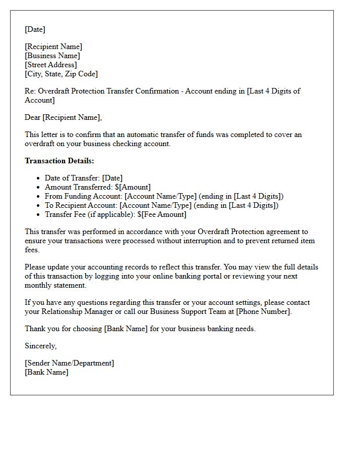 Business Account Overdraft Protection Transfer Confirmation Letter