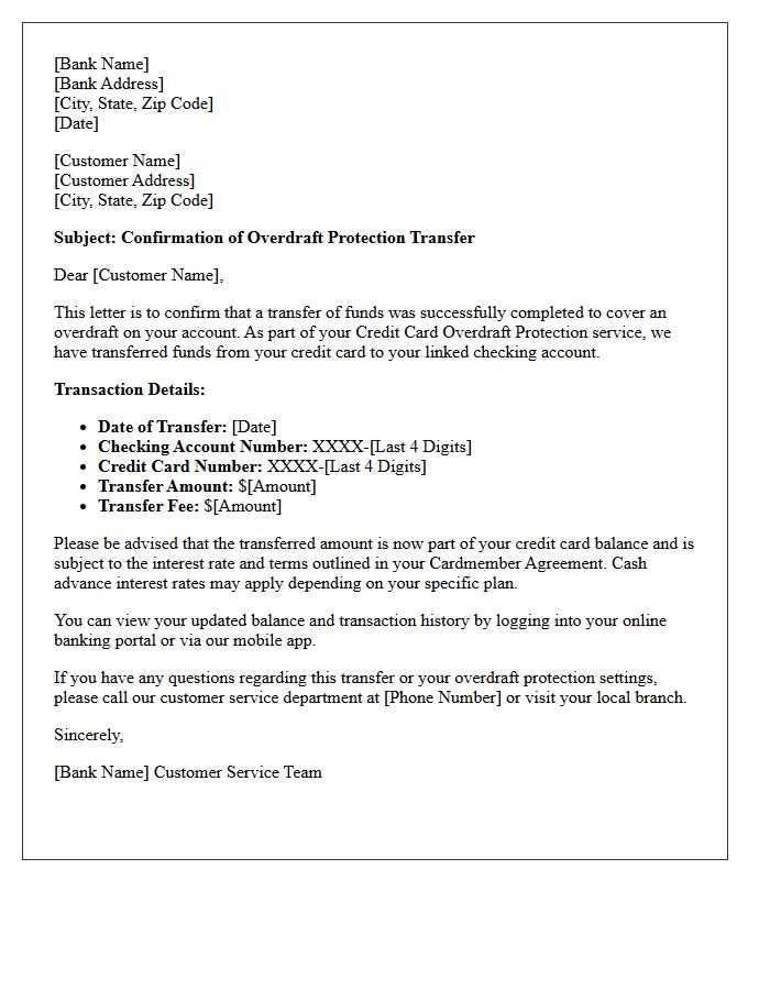 Credit Card Overdraft Protection Transfer Confirmation Letter