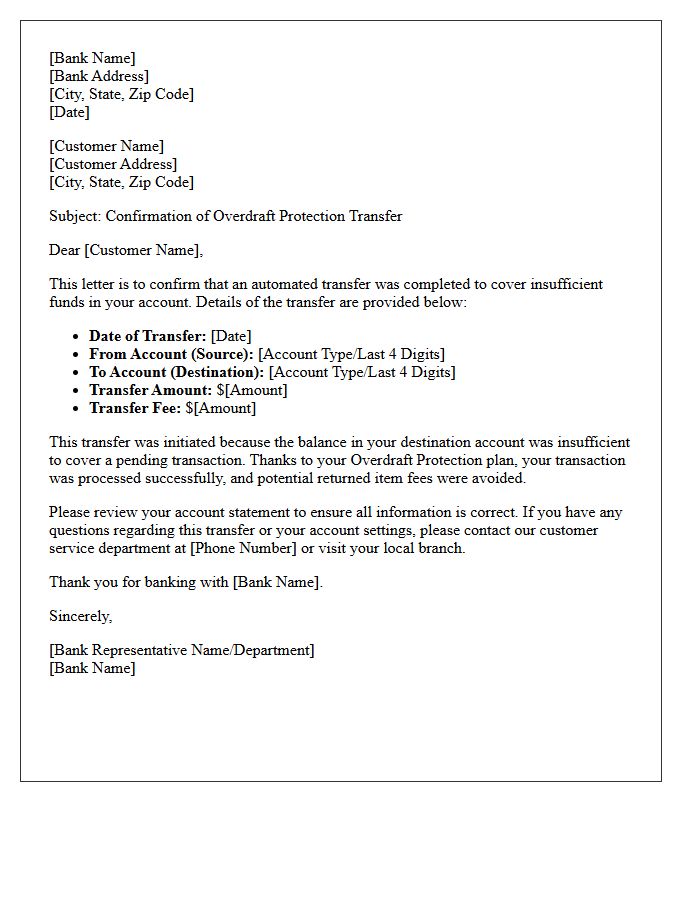 Insufficient Funds Overdraft Protection Transfer Confirmation Letter