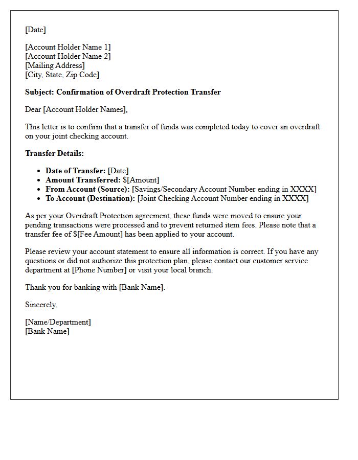 Joint Account Overdraft Protection Transfer Confirmation Letter