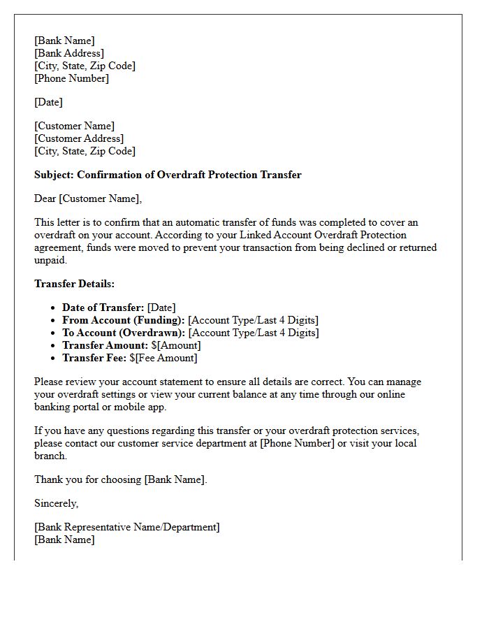 Linked Account Overdraft Protection Transfer Confirmation Letter