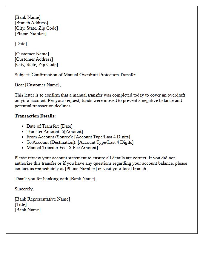 Manual Overdraft Protection Transfer Confirmation Letter