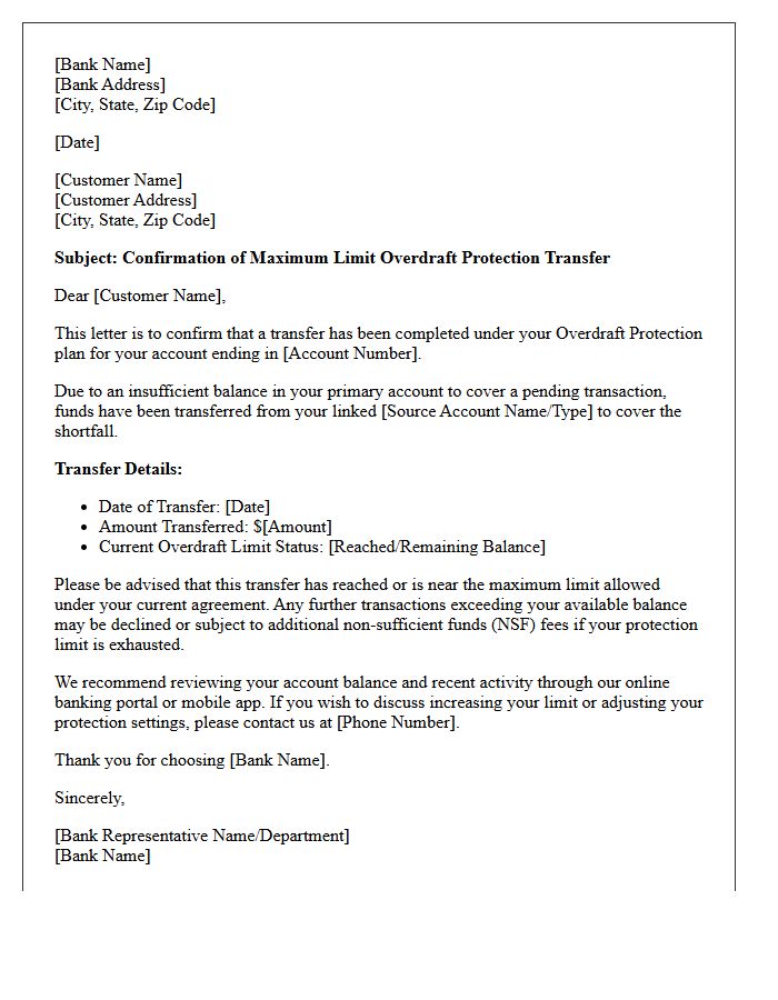 Maximum Limit Overdraft Protection Transfer Confirmation Letter