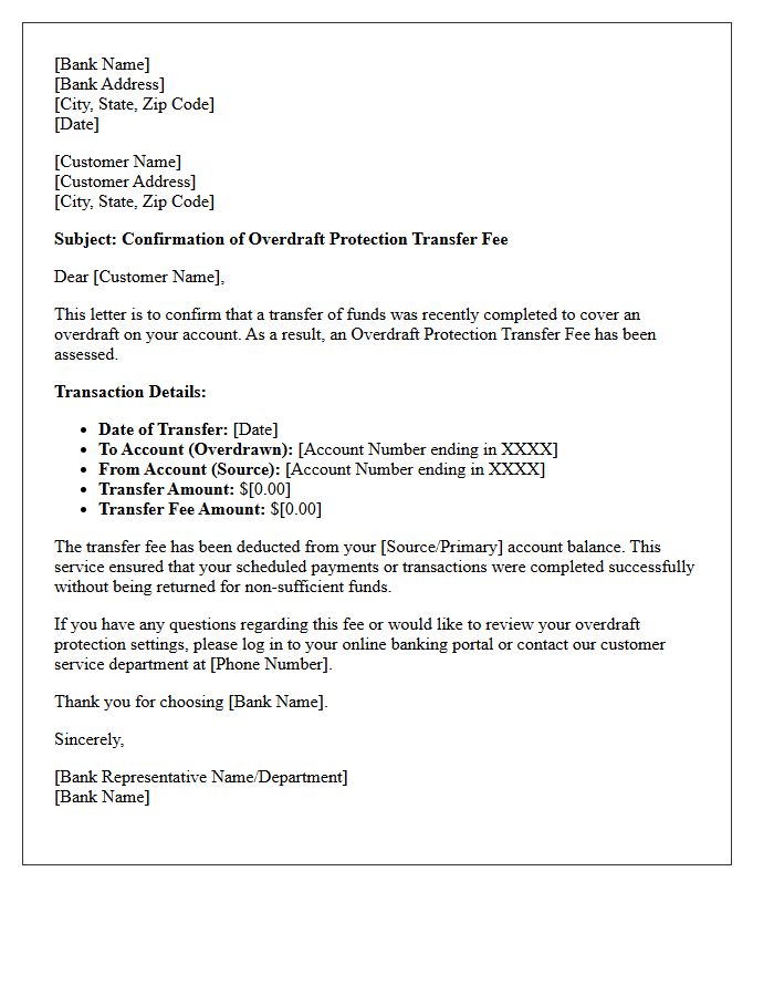 Overdraft Protection Transfer Fee Assessment Confirmation Letter