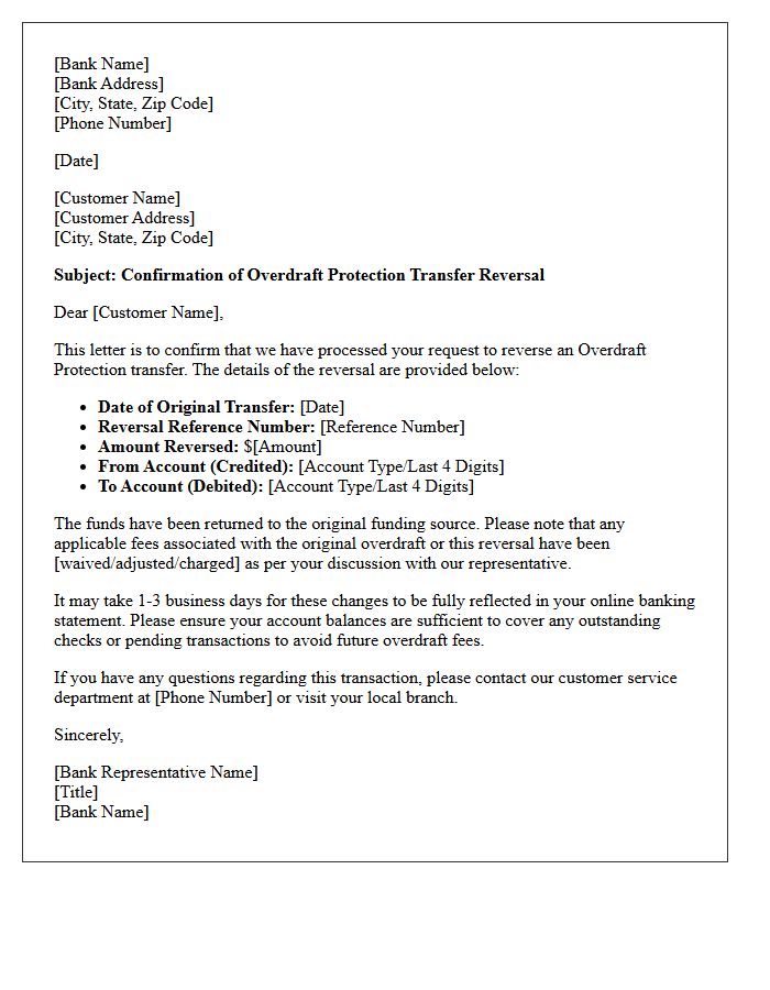 Overdraft Protection Transfer Reversal Confirmation Letter
