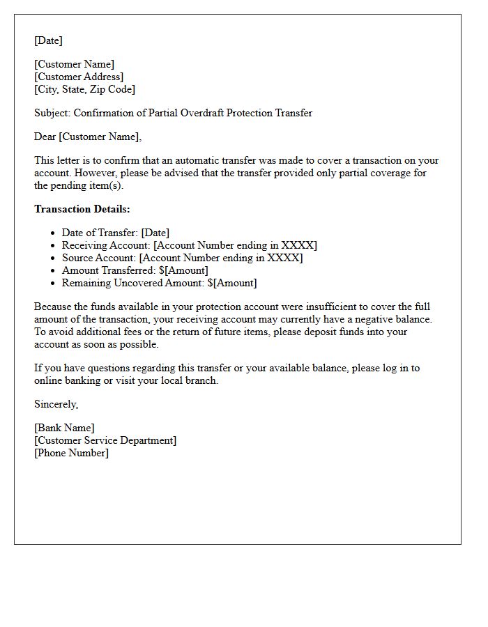 Partial Coverage Overdraft Protection Transfer Confirmation Letter