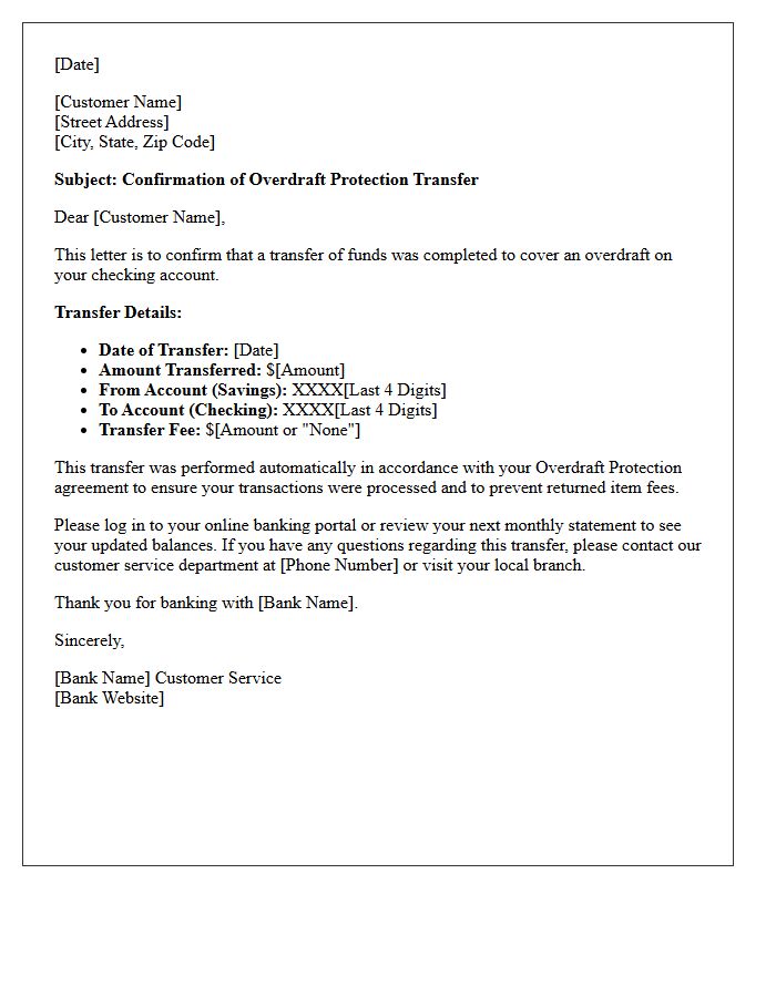 Savings to Checking Overdraft Protection Transfer Confirmation Letter