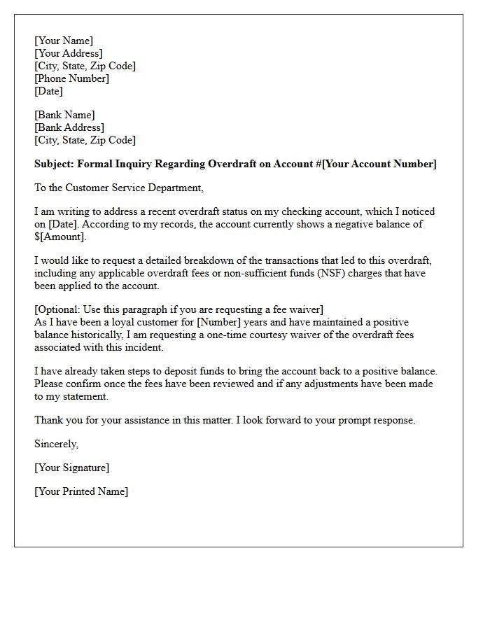 Checking Account Overdraft Letter