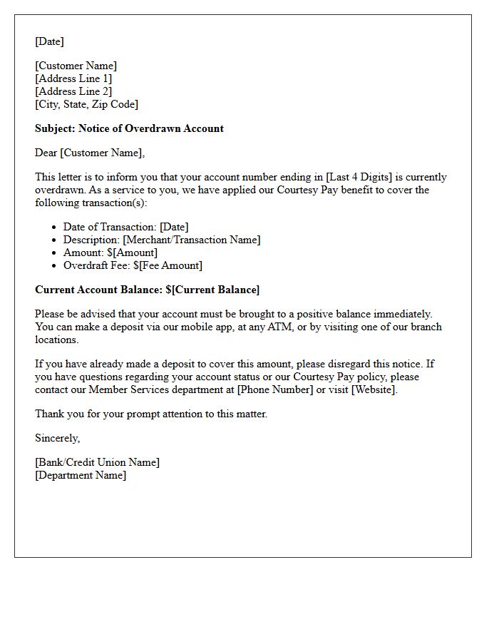 Courtesy Pay Overdraft Notice Letter
