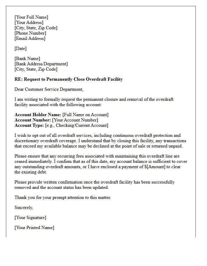 Banking Institution Continuous Overdraft Closure Letter