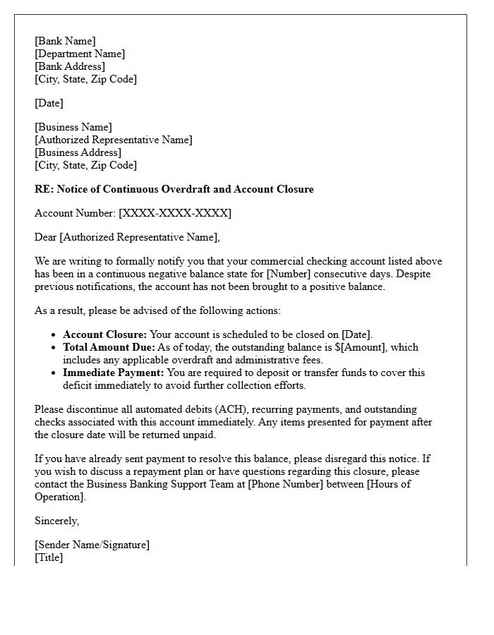 Commercial Banking Continuous Overdraft Closure Letter