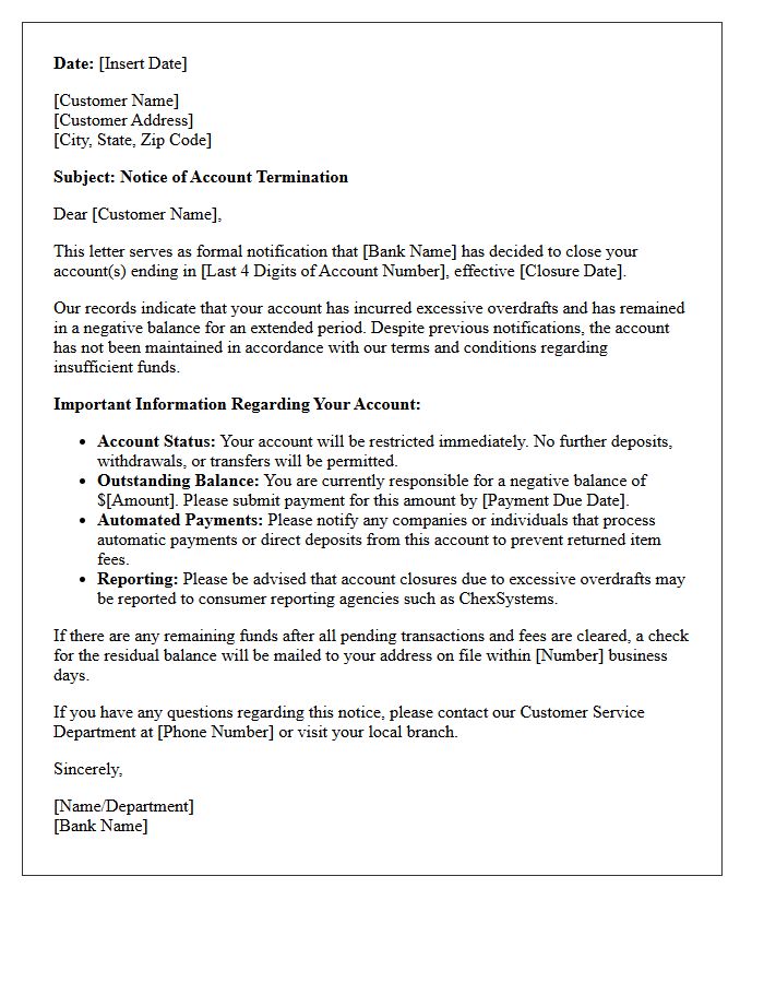 Excessive Overdraft Account Termination Notice Letter