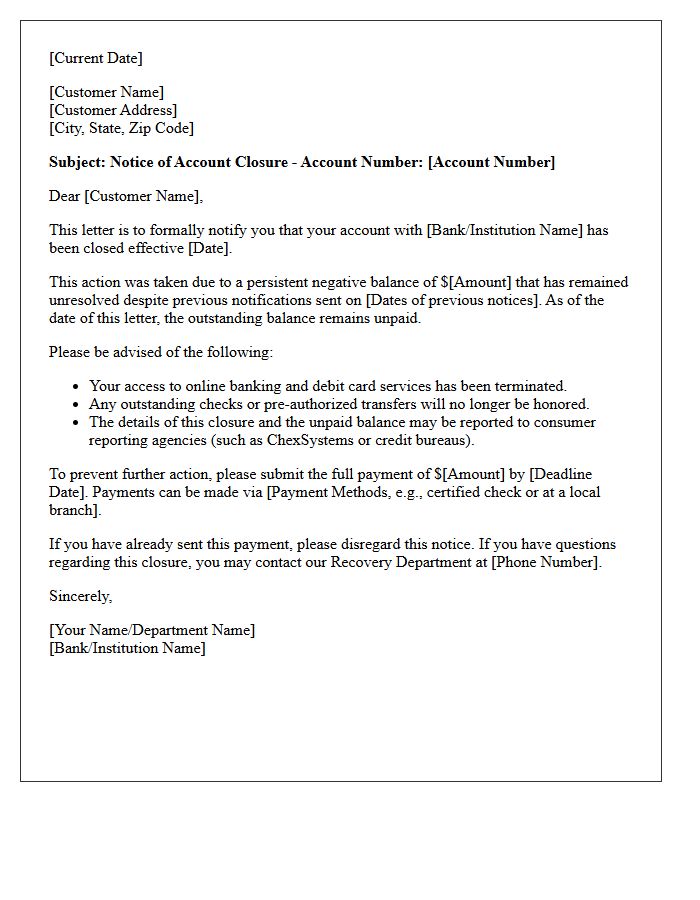 Letter of Account Closure for Unresolved Negative Balance
