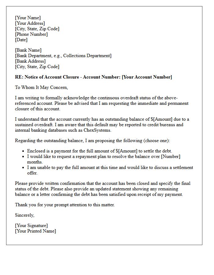 Letter of Closure for Continuous Overdraft Default