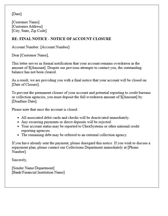 Letter of Final Notice and Overdraft Account Closure