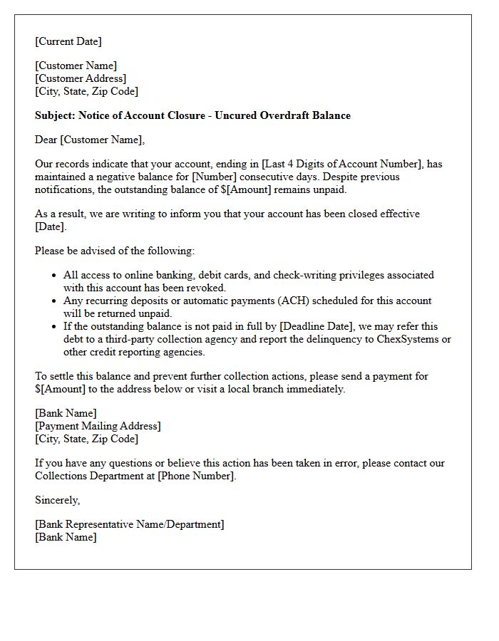 Uncured Overdraft Balance Account Closure Letter