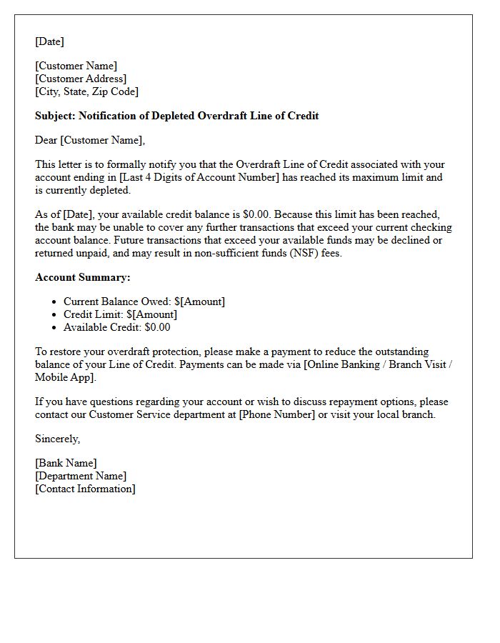 Depleted Overdraft Line of Credit Notification Letter
