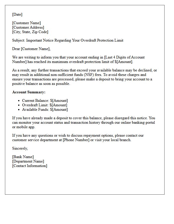 Maximum Limit Reached on Overdraft Protection Letter