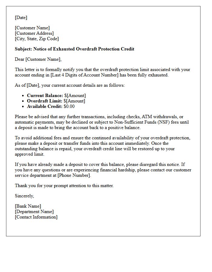 Notice of Exhausted Overdraft Protection Credit Letter