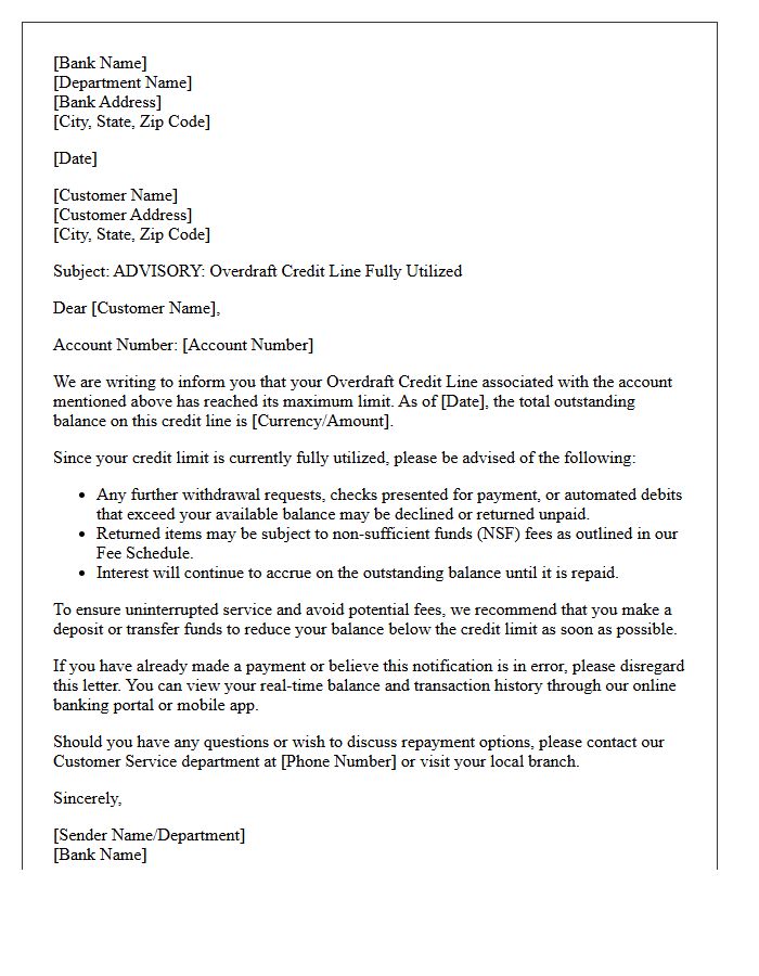 Overdraft Credit Line Fully Utilized Advisory Letter