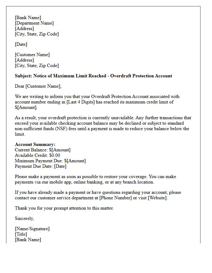 Overdraft Protection Account Maxed Out Notice Letter