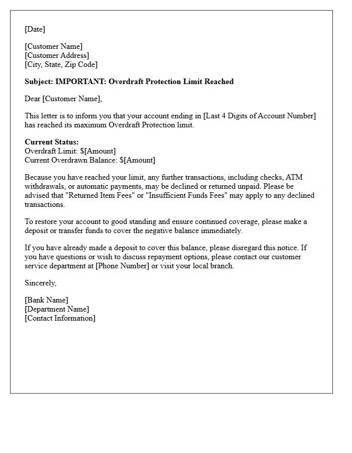 Overdraft Protection Limit Reached Alert Letter
