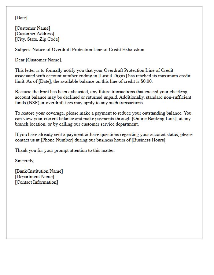 Overdraft Protection Line of Credit Exhaustion Letter