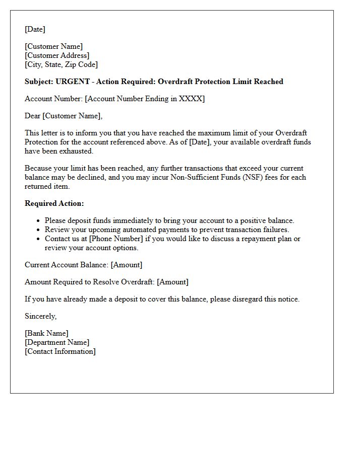 Required Action for Exhausted Overdraft Protection Letter