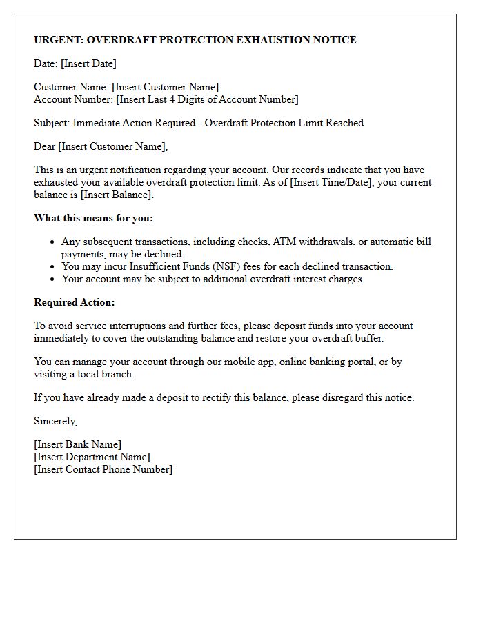 Urgent Overdraft Protection Exhaustion Warning Letter